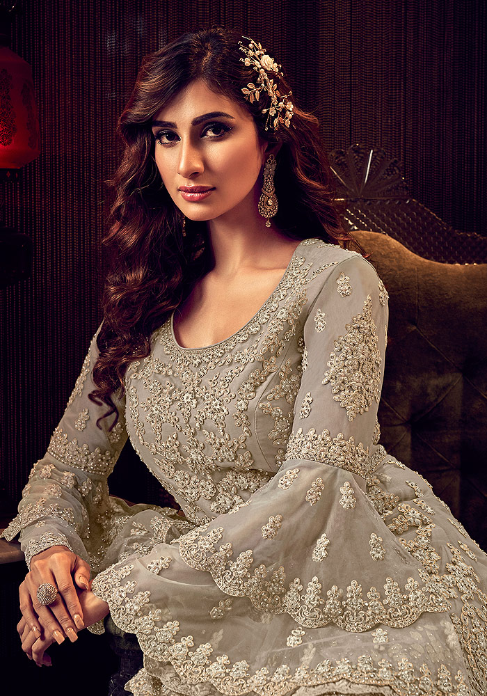 Grey Embroidered Sharara Suit