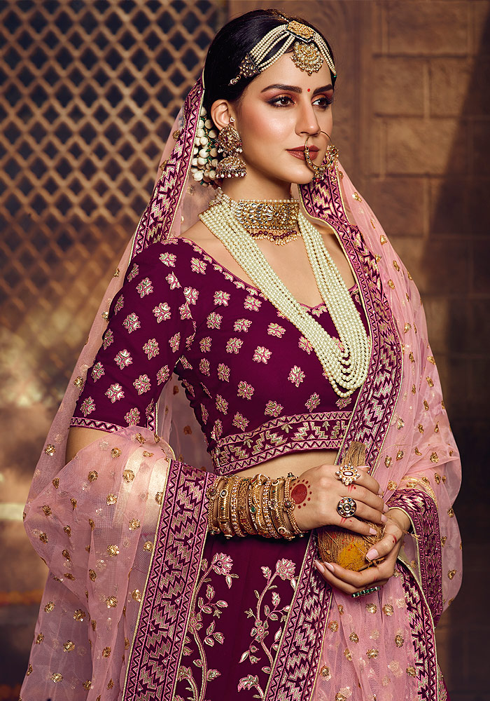Wine and Gold Heavy Embroidered Lehenga