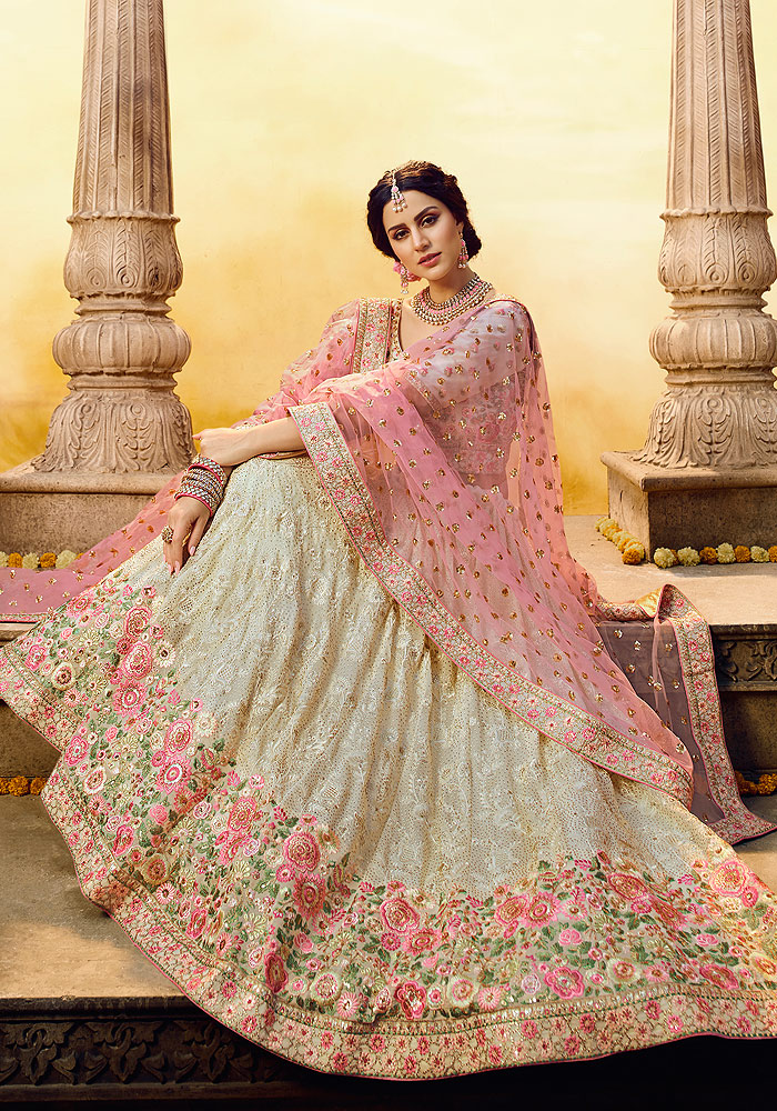 White and Pink Heavy Embroidered Lehenga