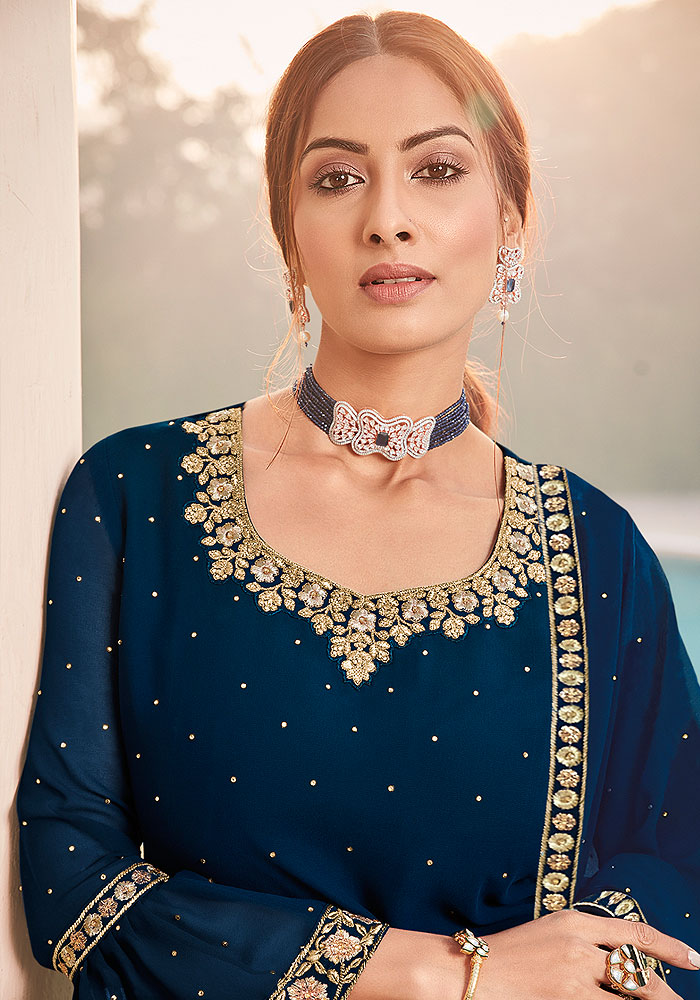 Blue Embroidered Gharara Suit