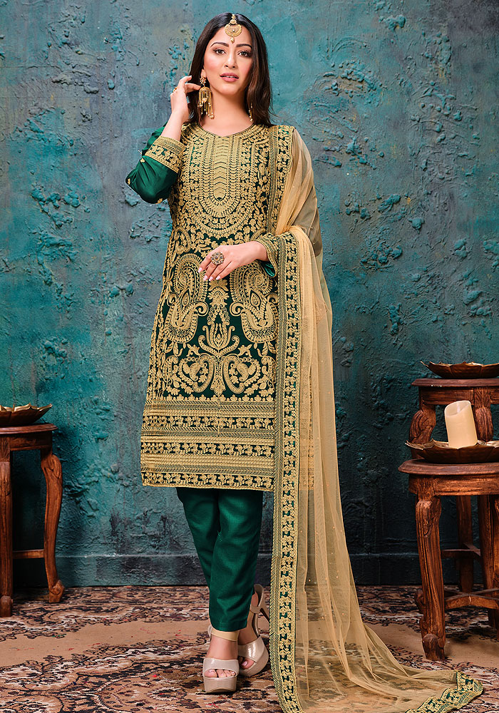 Green and Gold Embroidered Pant Suit