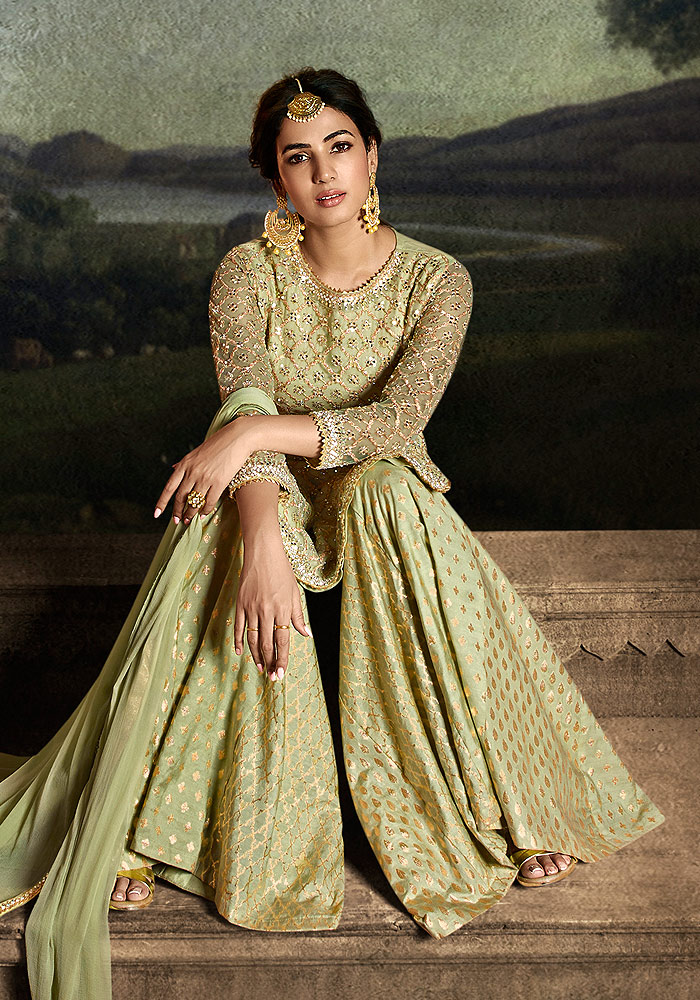 Green and Gold Embroidered Palazzo Suit