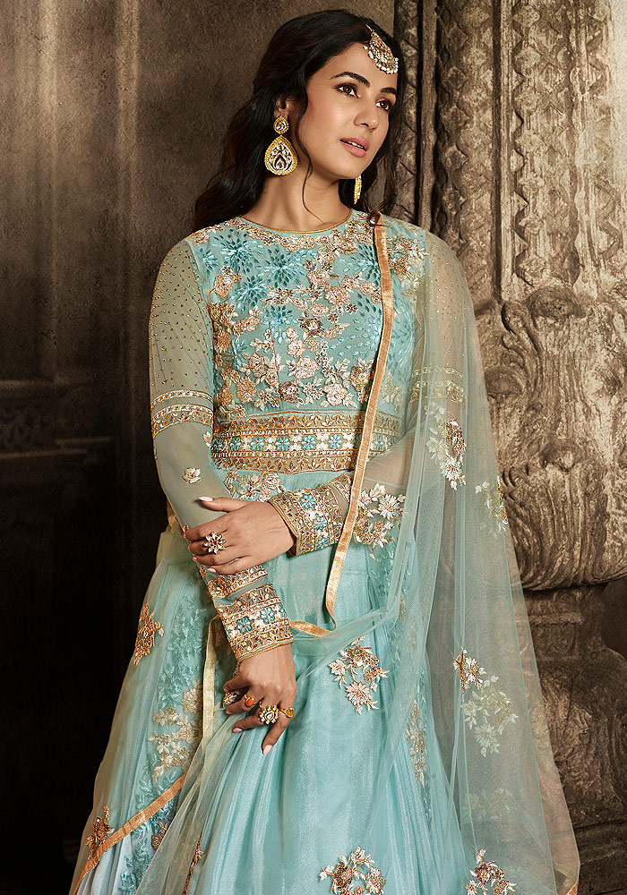 Sky Blue and Gold Embroidered Anarkali
