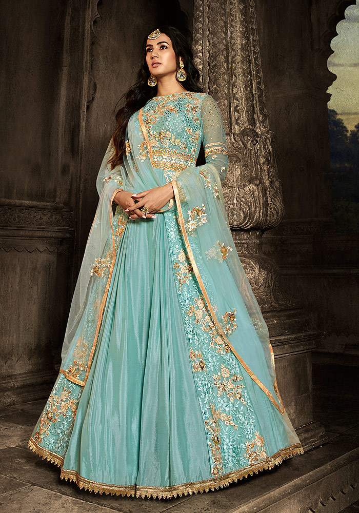 Sky Blue and Gold Embroidered Anarkali