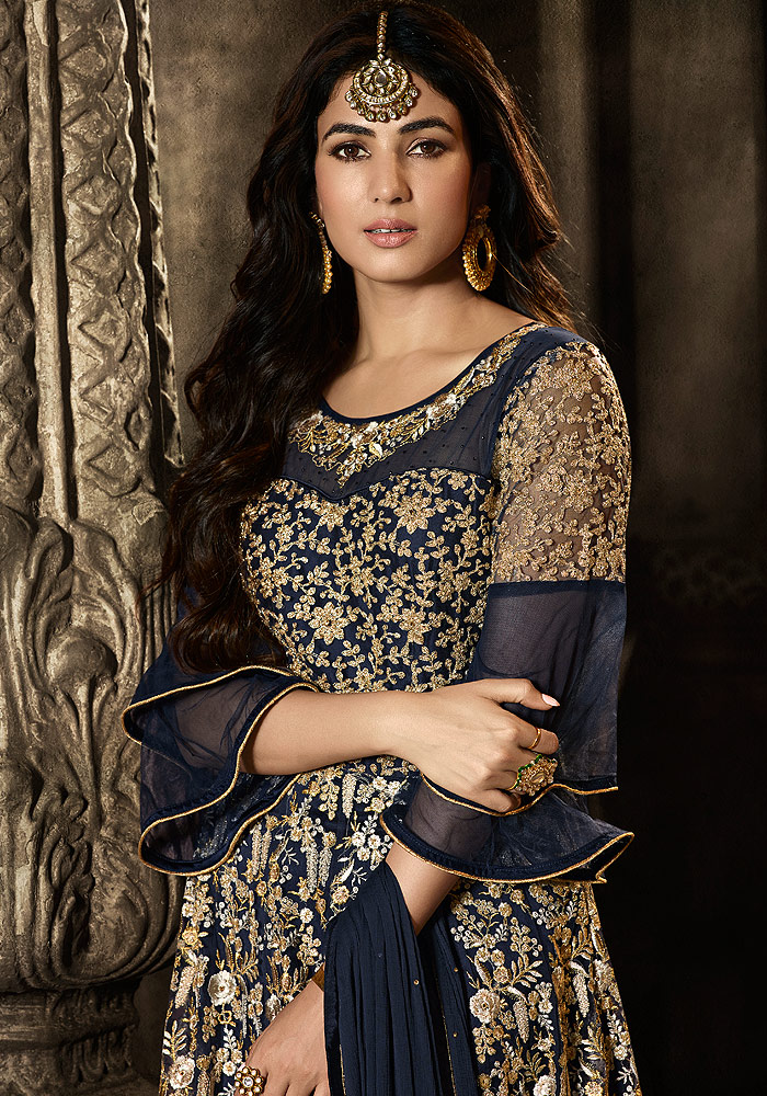 Dark Blue and Gold Embroidered Anarkali