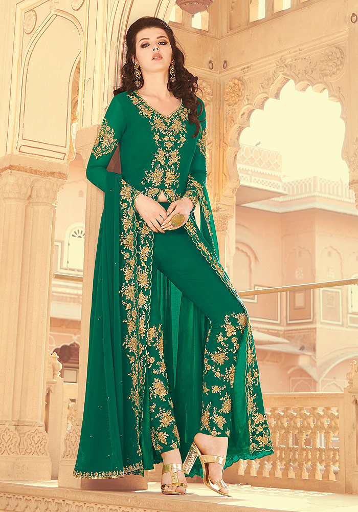 Green Embroidered Pant Style Anarkali