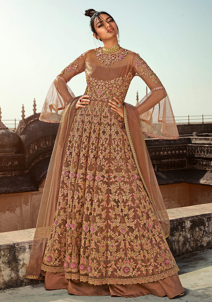 Beige and Gold Embroidered Lehenga + Pant Style Suit