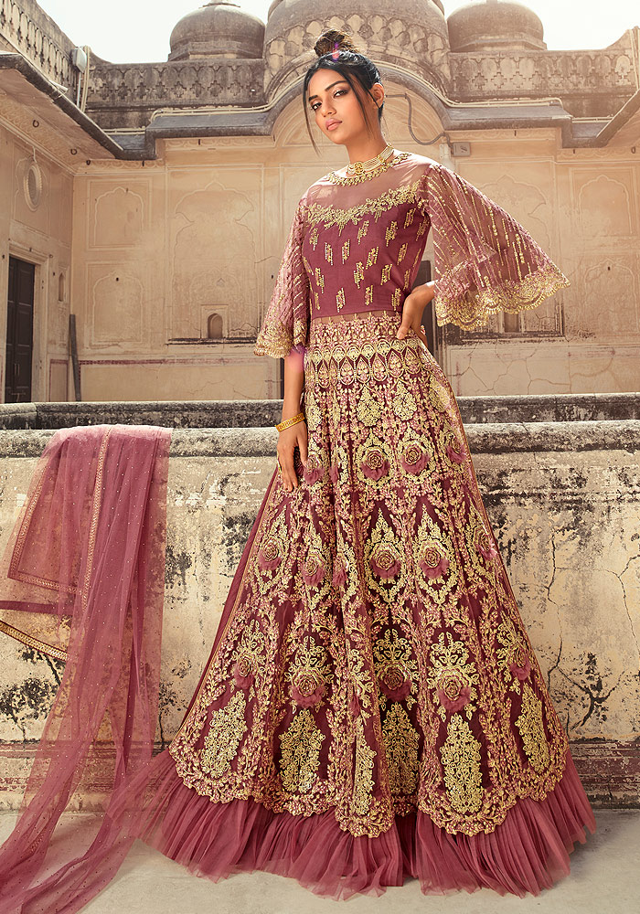 Rose Pink Embroidered Lehenga + Pant Style Suit