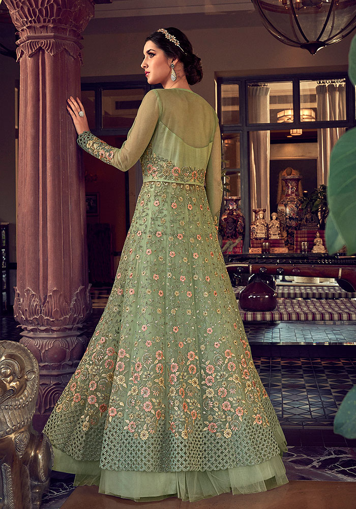 Green Floral Embroidered Lehenga/ Pant Style Suit