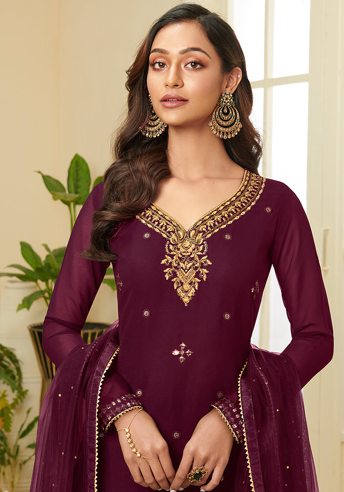 Wine Embroidered Sharara suit