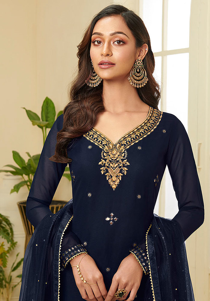 Navy Blue Embroidered Sharara suit