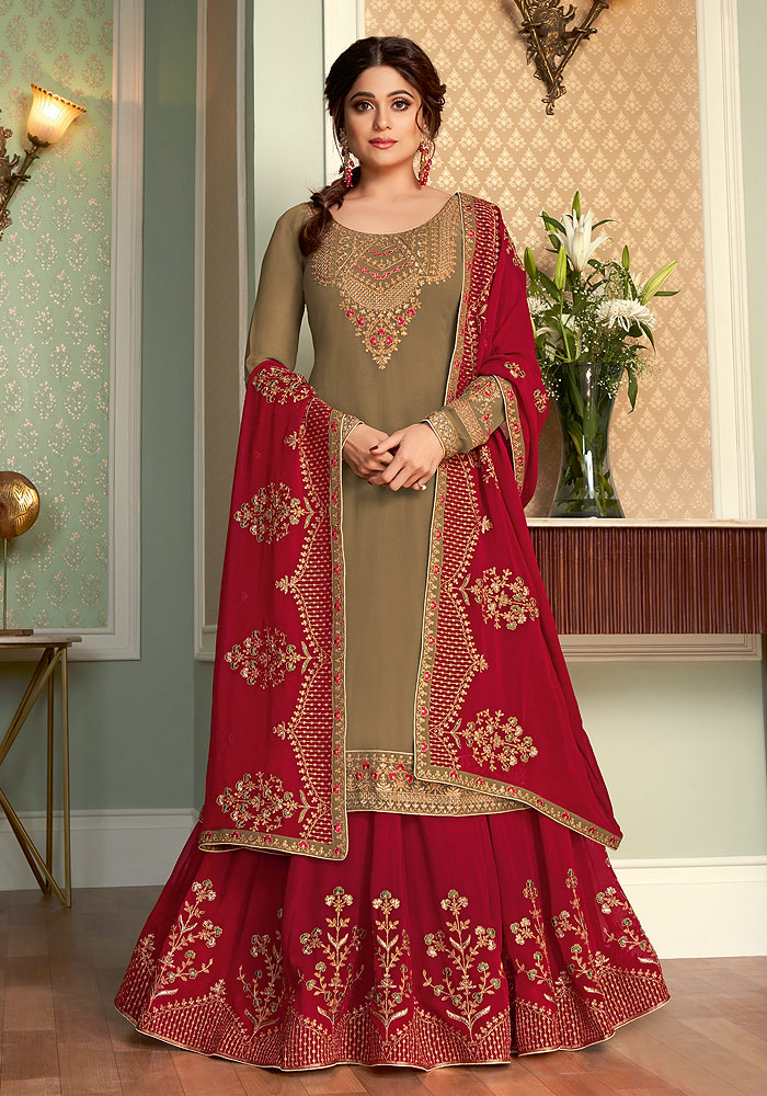 Light Green and Red Embroidered Lehenga Anarkali