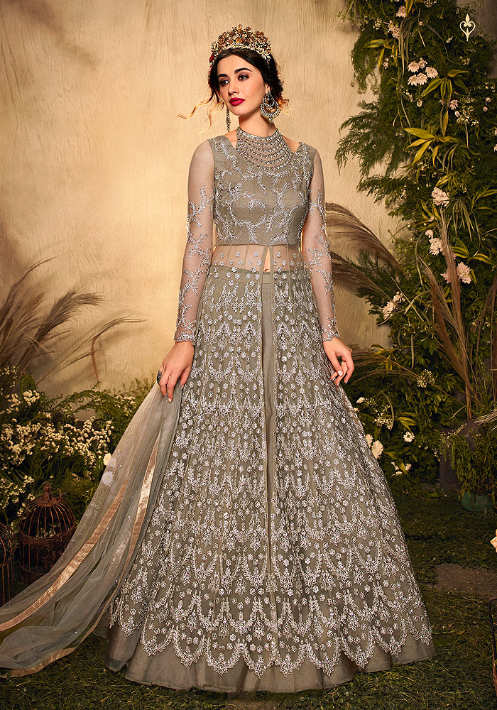 Grey Green Embroidered lehenga/ pant style Suit