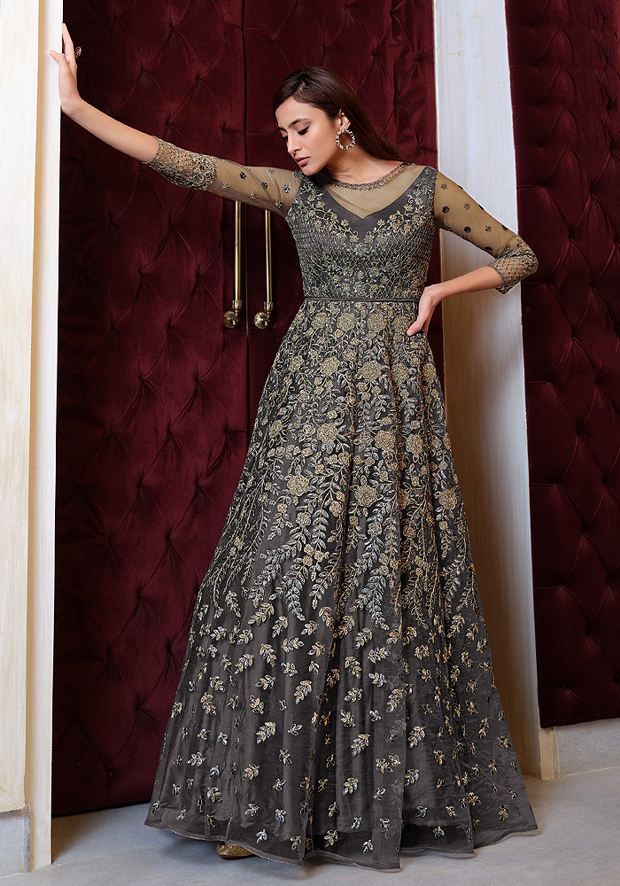 Grey and Gold Embroidered Anarkali