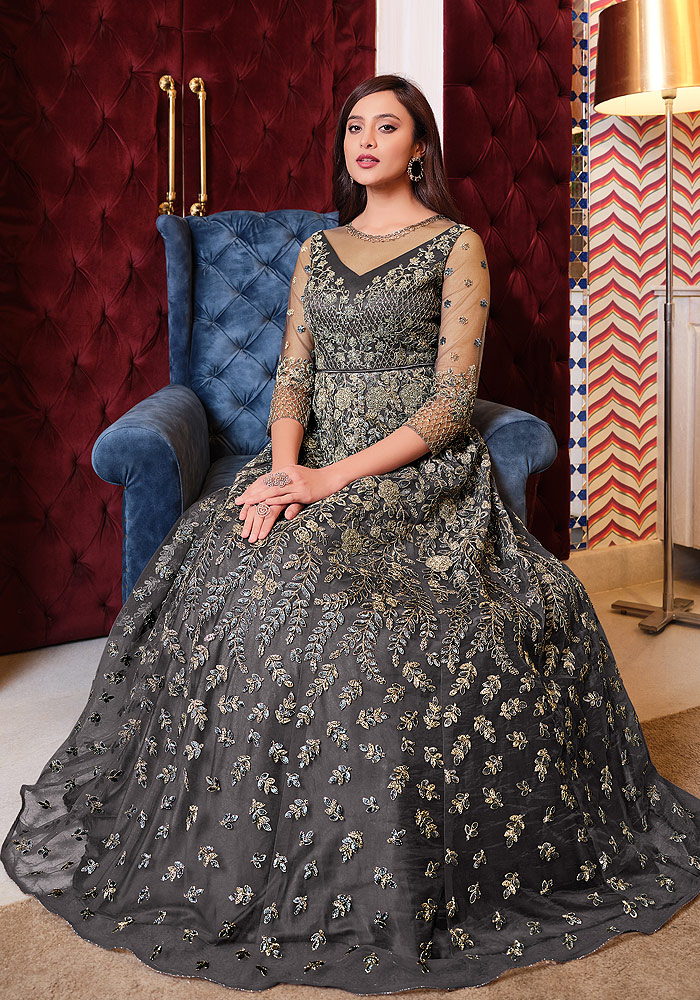 Grey and Gold Embroidered Anarkali