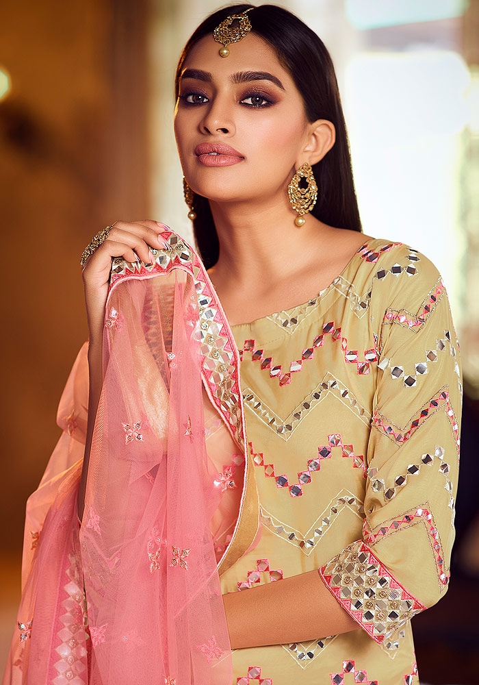 Beige Green Embroidered Gharara Suit