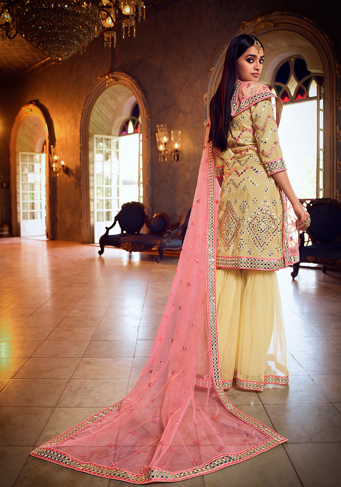 Beige Green Embroidered Gharara Suit