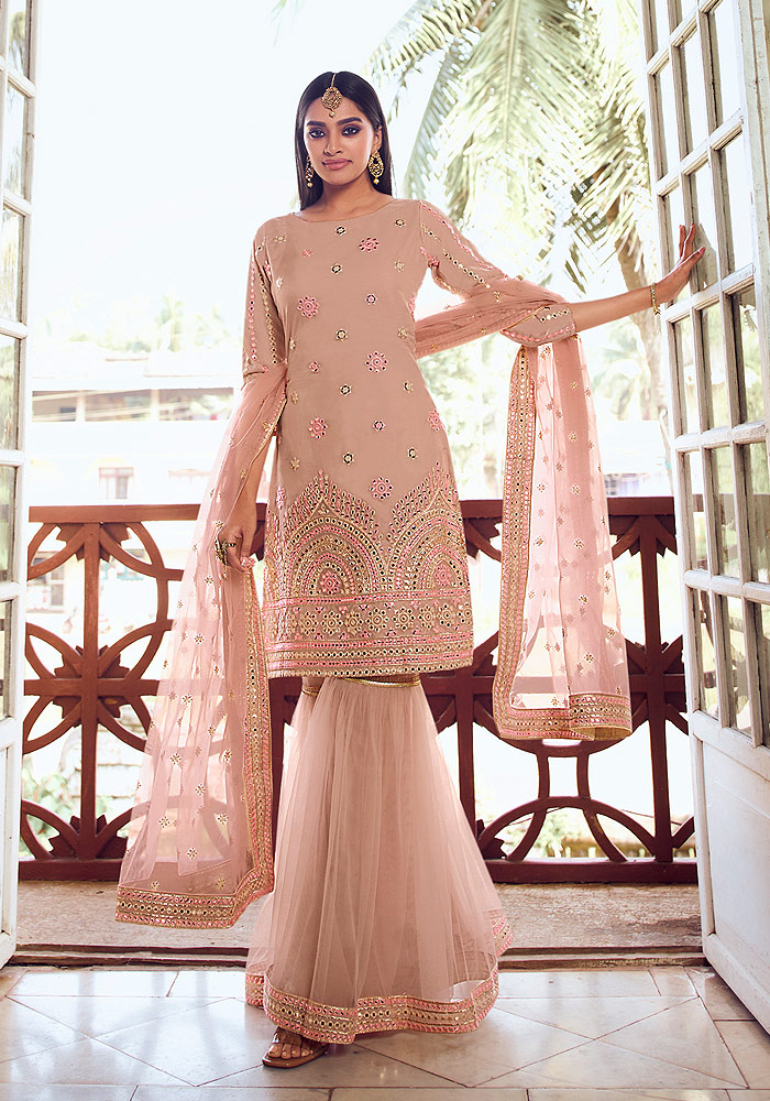 Light Peach Embroidered Gharara Suit