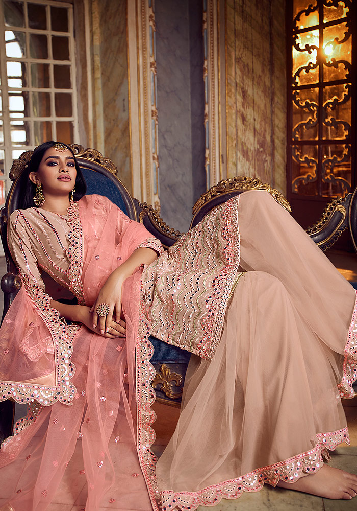 Peach Embroidered Gharara Suit