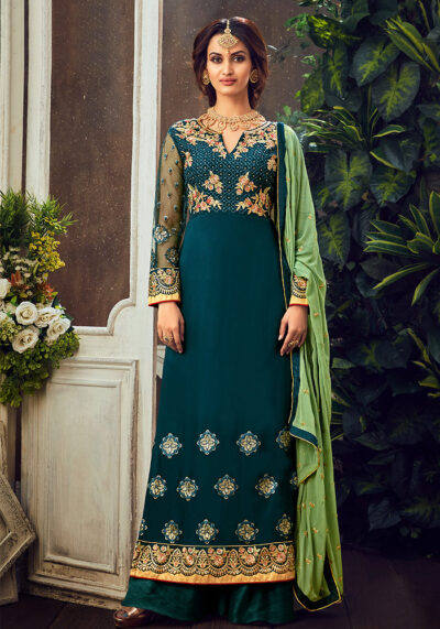 Teal and Green Embroidered Palazzo Suit