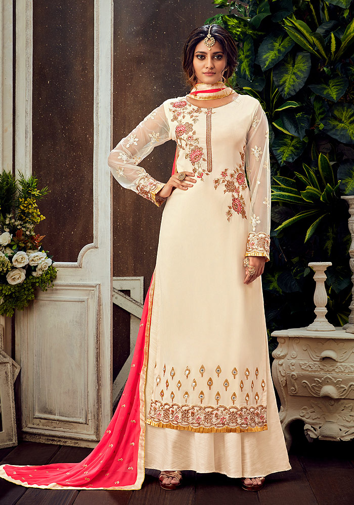White and Pink Embroidered Palazzo Suit