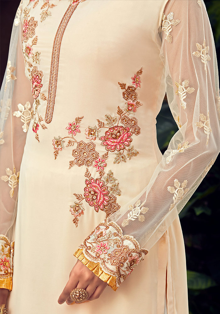 White and Pink Embroidered Palazzo Suit