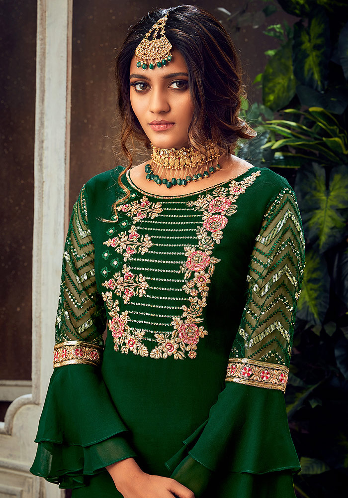 Green and Pink Embroidered Palazzo Suit