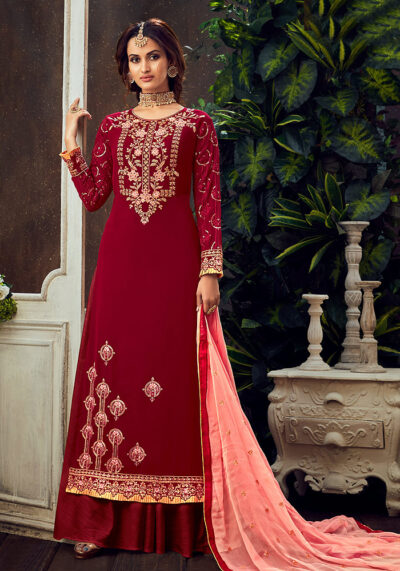 Red and Peach Embroidered Palazzo Suit