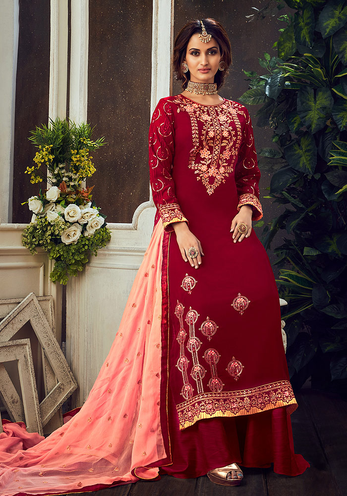 Red and Peach Embroidered Palazzo Suit