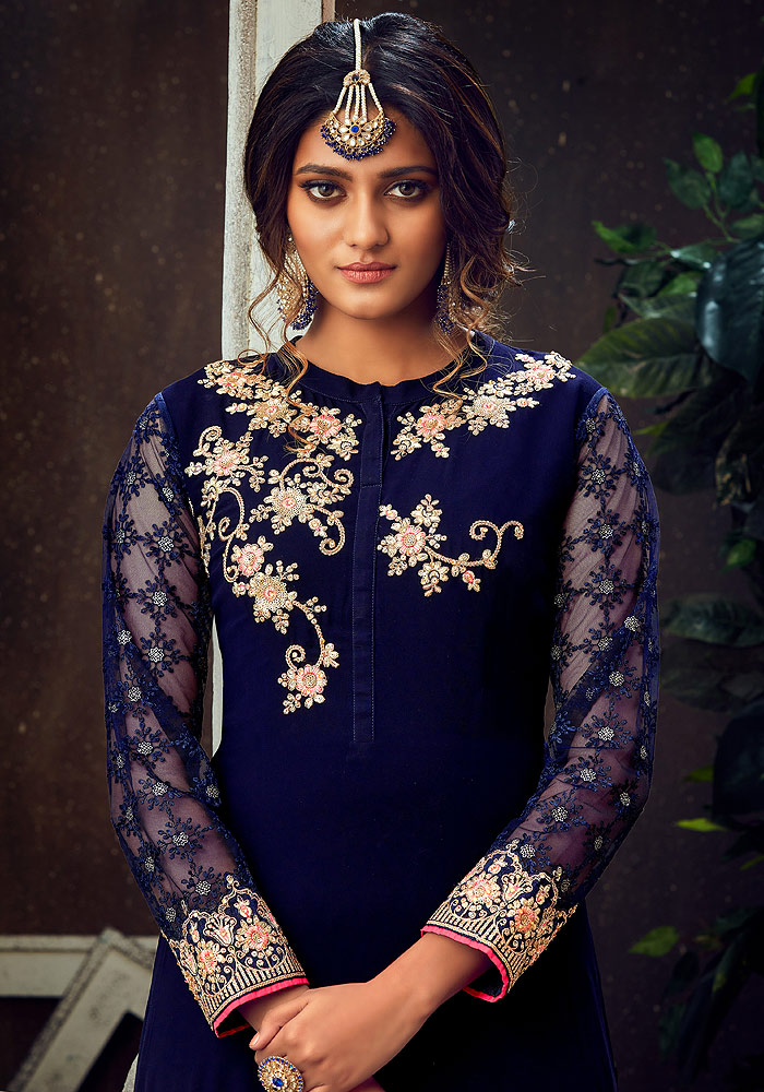 Dark Blue and Pink Embroidered Palazzo Suit