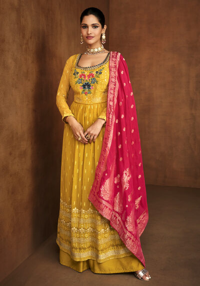 Yellow and Pink Embroidered Sharara Suit