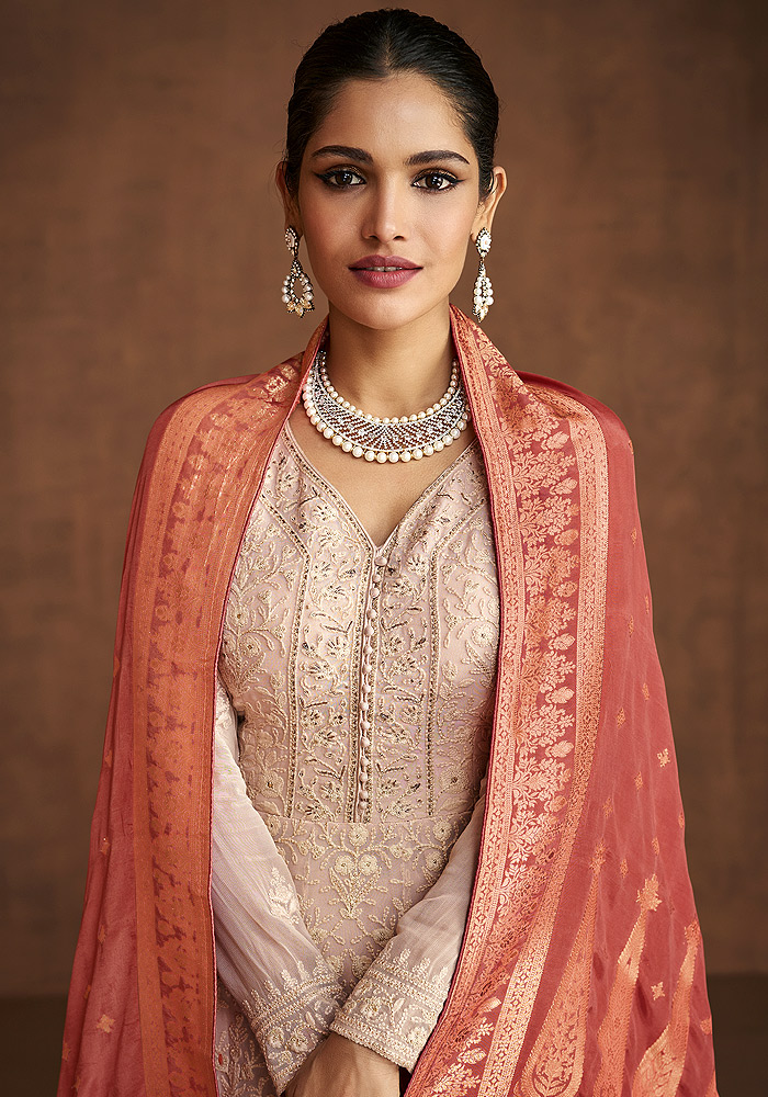 Light Peach Embroidered Sharara Suit